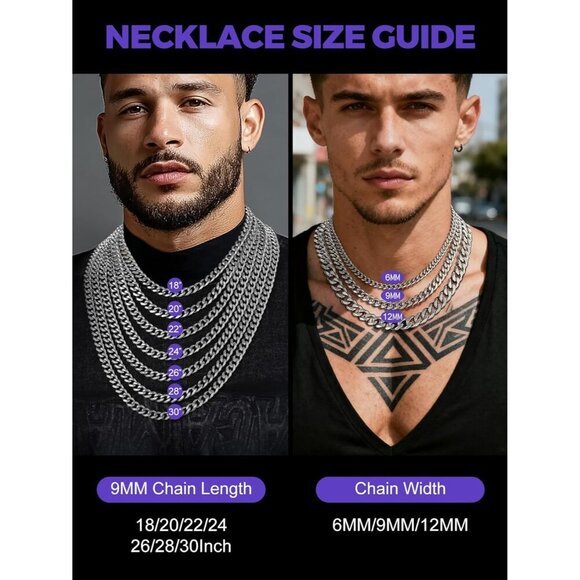 Men's 9MM Width-Steel Stainless Steel Miami Cuban Curb Link Chain Necklace - Picture 6 of 9